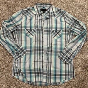 Men's Western Plaid Button-Up Shirt - Blue and Gray size L
